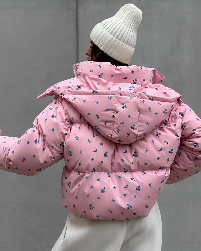 Floral Print Puffer Jacket with Hood
