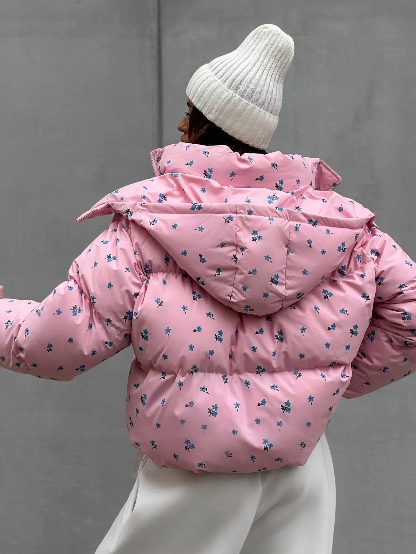 Floral Print Puffer Jacket with Hood
