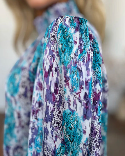 Double Take Full Size Printed Smocked Long Sleeve Blouse