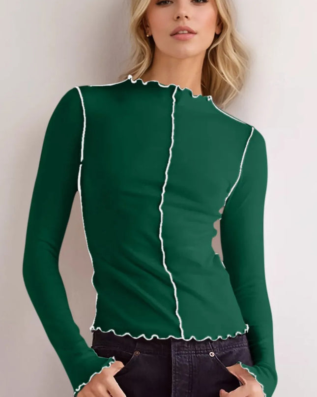 Basic Bae Contrast Trim Mock Neck Long Sleeve T-Shirt