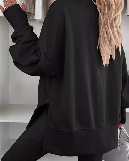 Side Slit Round Neck Long Sleeve Sweatshirt