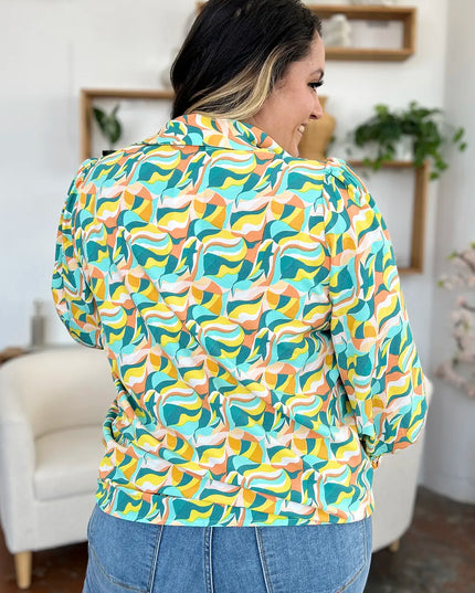 Double Take Full Size Printed Smocked Long Sleeve Blouse