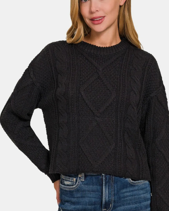Zenana Cropped High Low Cable Sweater with Side Slits Black