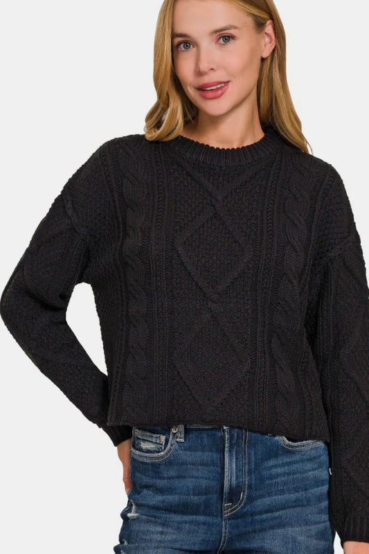 Zenana Cropped High Low Cable Sweater with Side Slits Black
