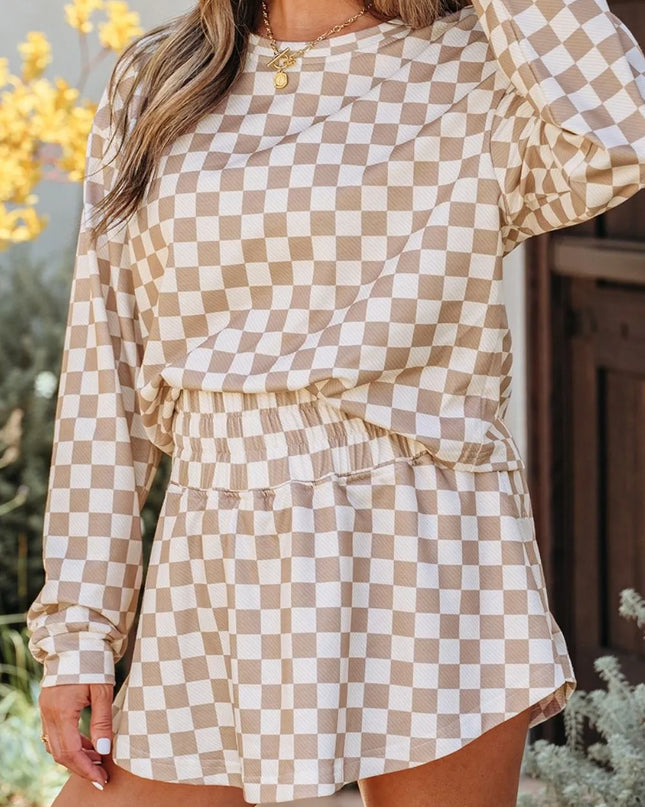 Checkered Long Sleeve Top and Skirt Two-Piece Set