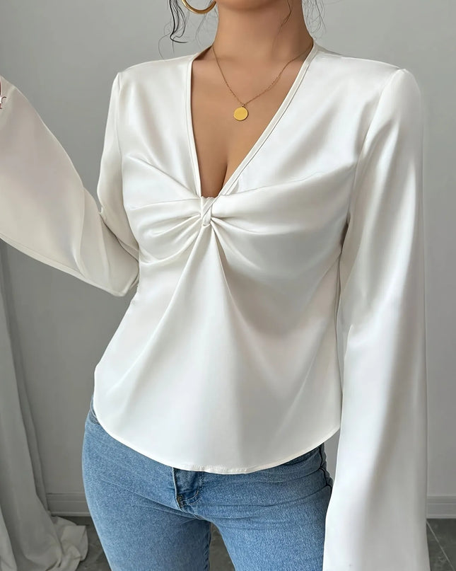 V-Neck Twist Front Long Sleeve Blouse