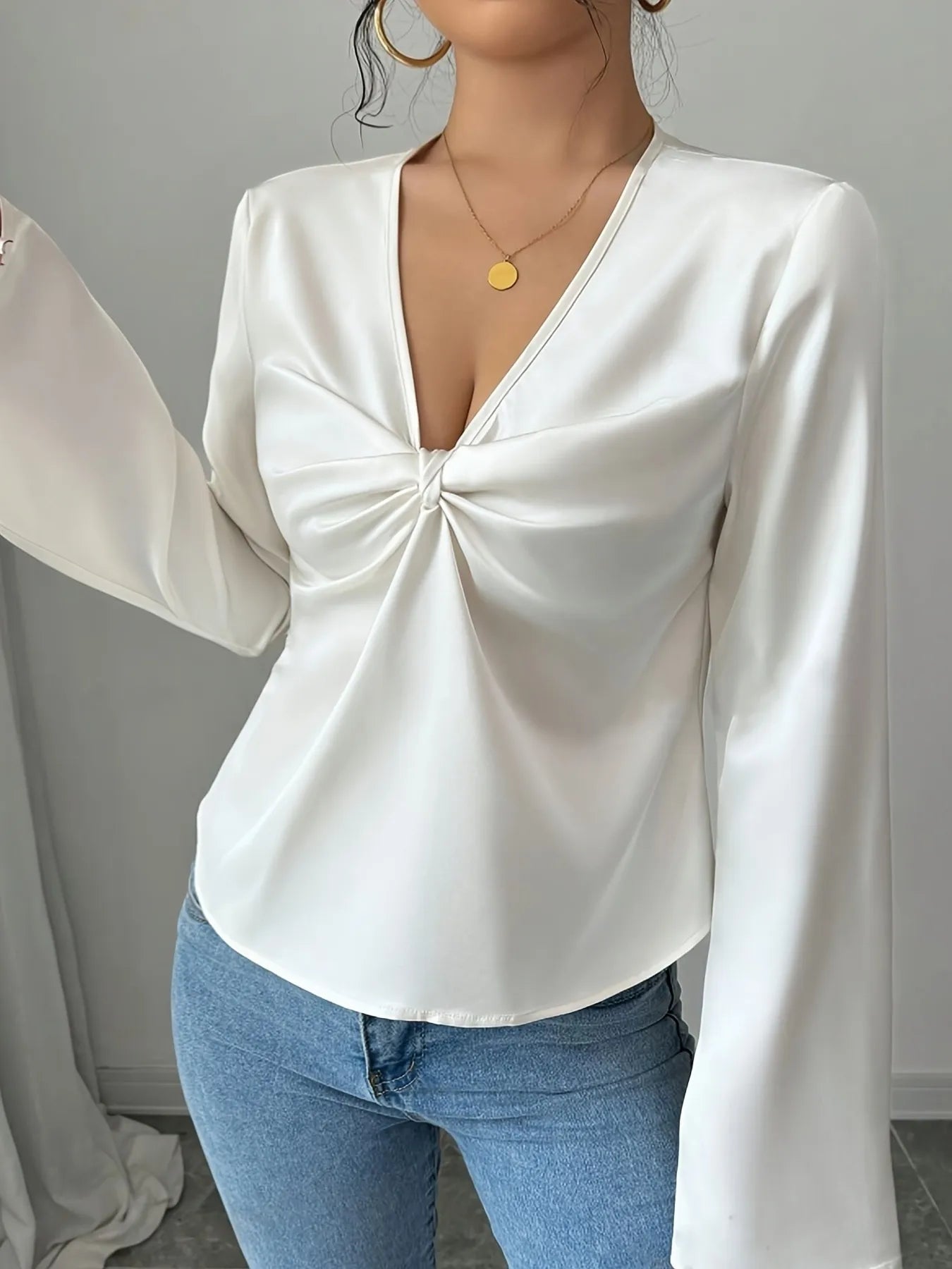 V-Neck Twist Front Long Sleeve Blouse