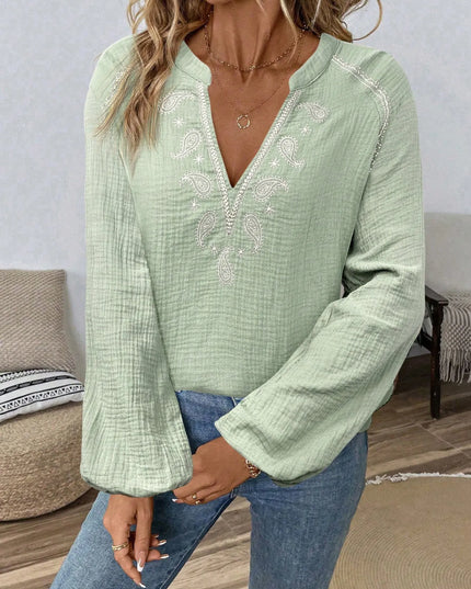 Paisley Pattern Notched Long Sleeve Blouse