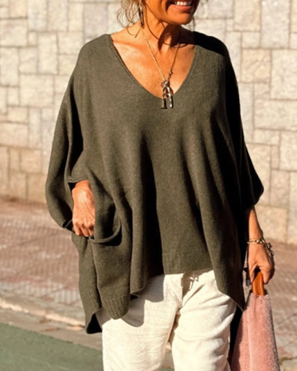 Ribbed Hem V-Neck Sweater