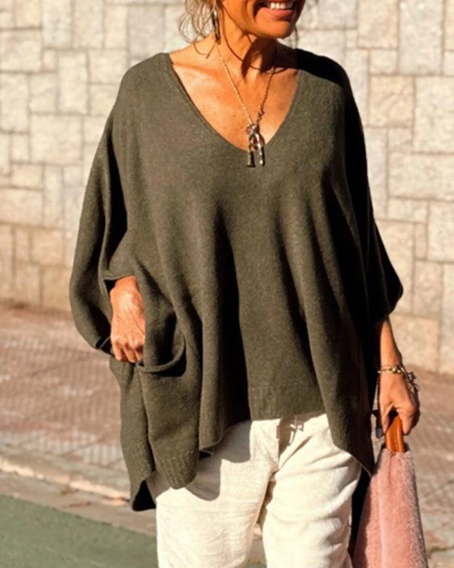 Ribbed Hem V-Neck Sweater