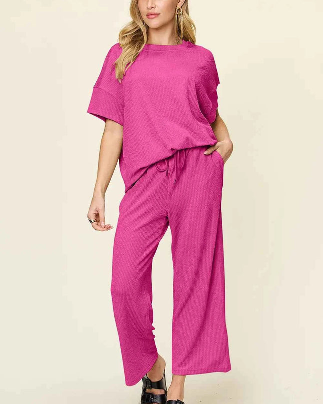 Double Take Full Size Texture Round Neck Short Sleeve T-Shirt and Wide Leg Pants