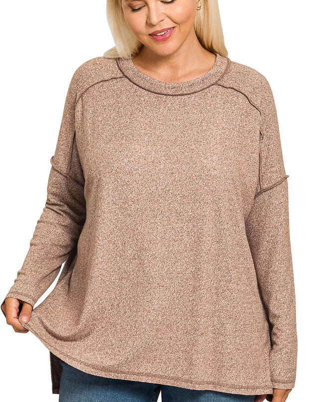 Zenana Full Size Melange Hacci Exposed Seam Hi-low Tee Plus Size