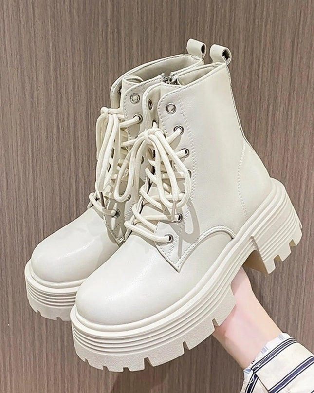 Platform Lace Up Boots Creamy-white