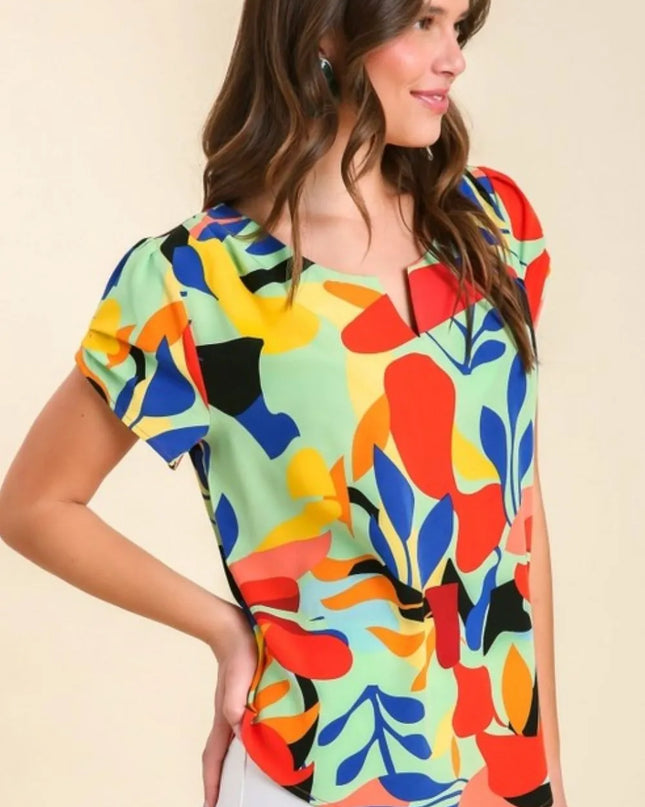 Umgee Full Size Short Sleeved Abstract Print Top Plus Size