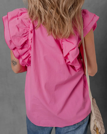 Shirred Tie Neck Ruffled Cap Sleeve Blouse