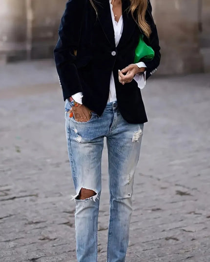 One Button Lapel Collar Long Sleeve Blazer