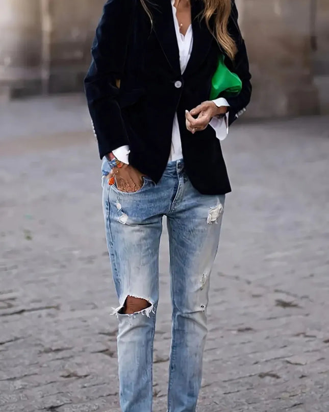 One Button Lapel Collar Long Sleeve Blazer