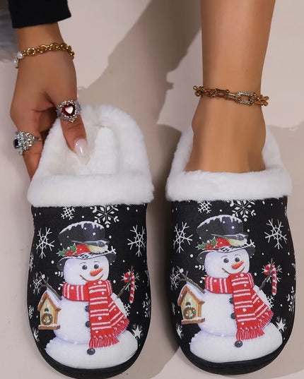 Snowman Round Toe Faux Fur Slippers Black