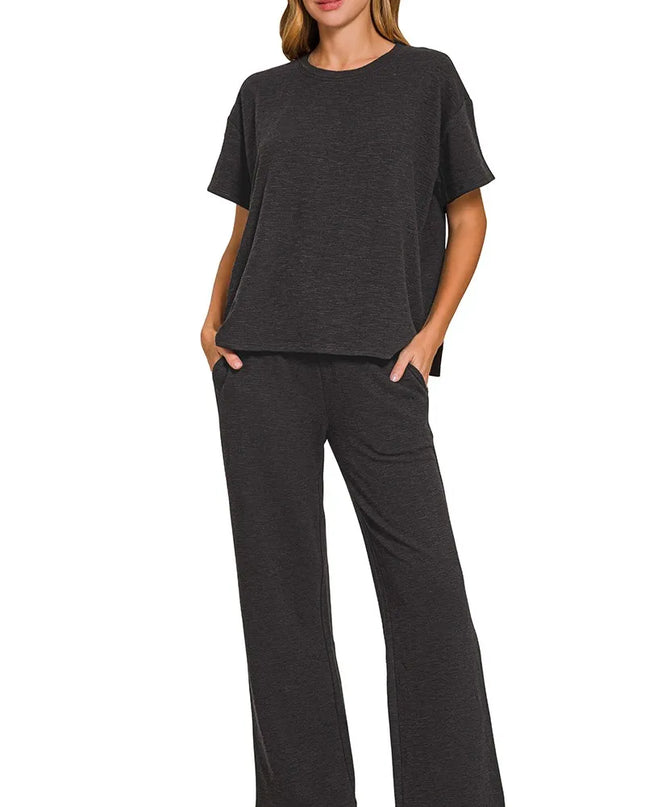 Zenana Slub Short Sleeve T-Shirt and Pants Set BLACK
