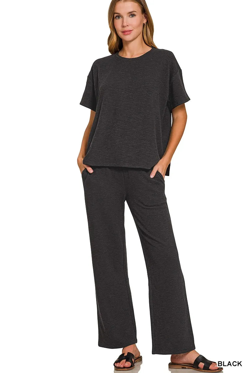 Zenana Slub Short Sleeve T-Shirt and Pants Set BLACK