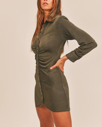 MABLE Front Ruched Button-Down Skinny Mini Shirt Dress