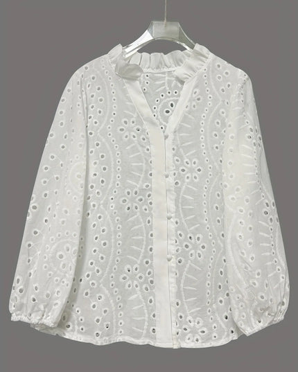 Eyelet Embroidered Button Front Shirt with Puffed Sleeves