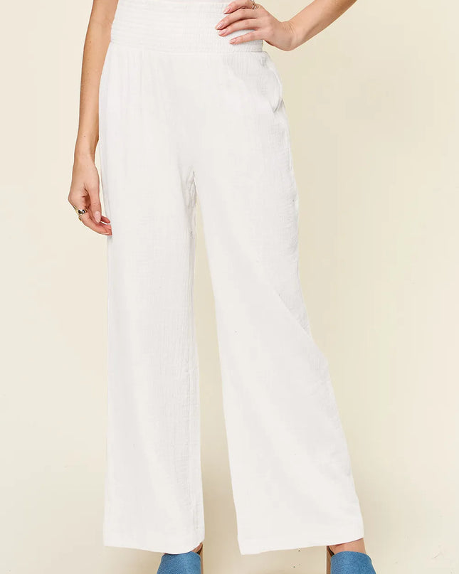 Double Take Full Size Texture Smocked Waist Wide Leg Pants White