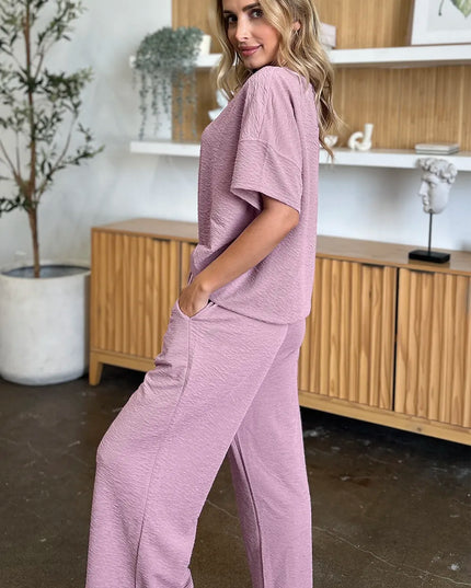 Double Take Full Size Texture Short Sleeve Top and Pants Set