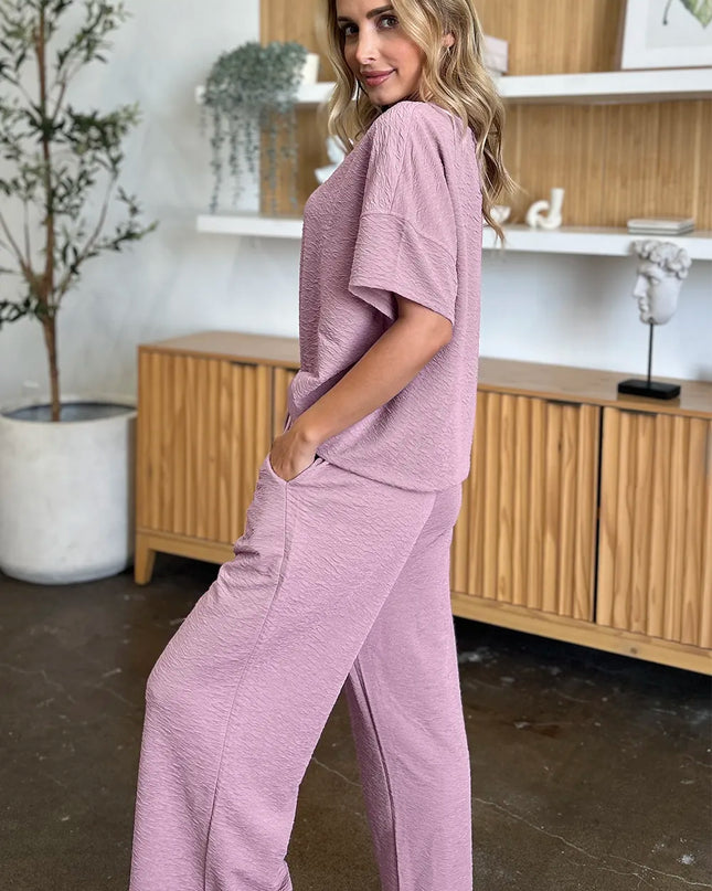 Double Take Full Size Texture Short Sleeve Top and Pants Set