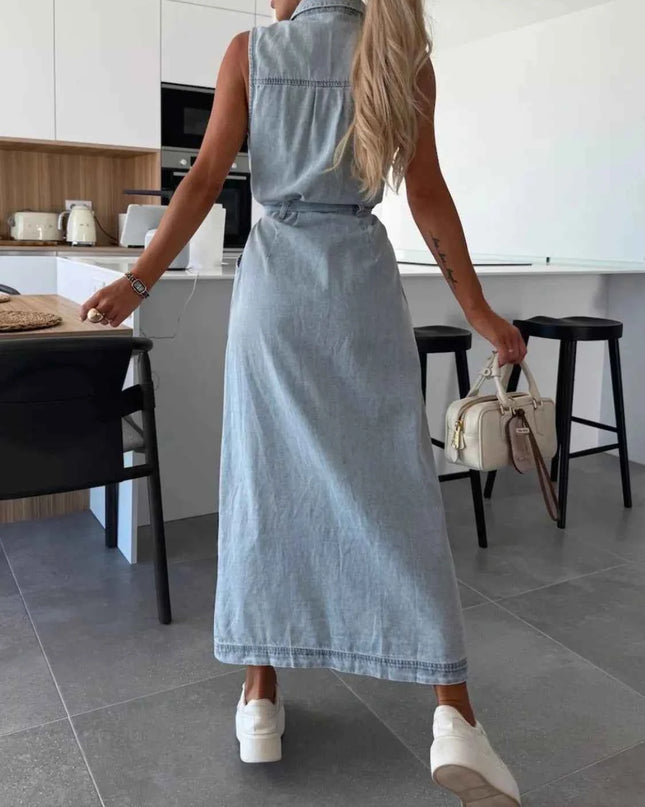 Button Front Sleeveless Denim Dress