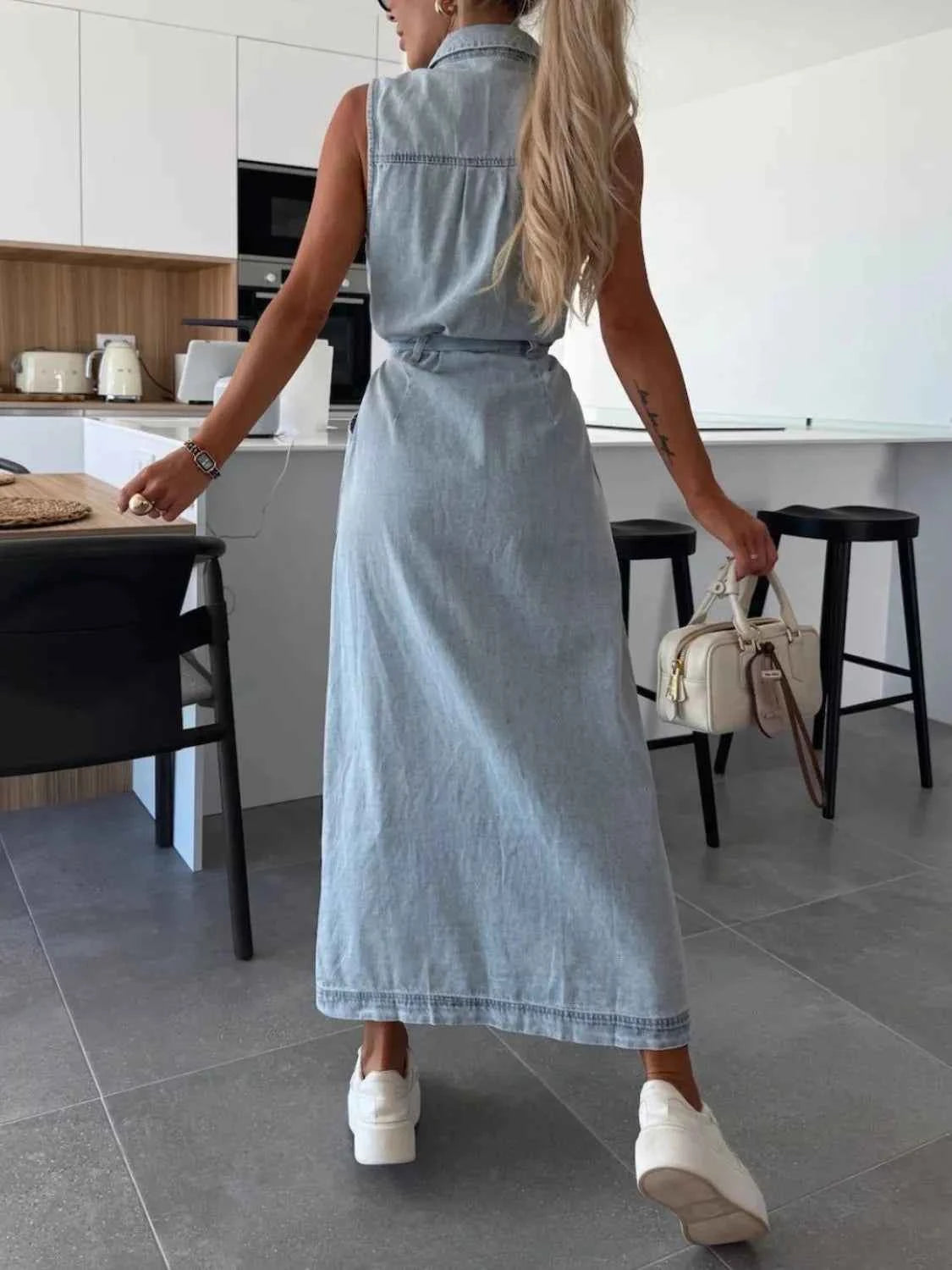 Button Front Sleeveless Denim Dress