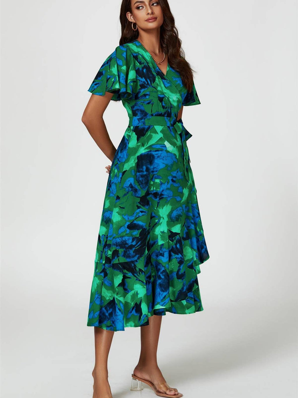 Abstract Print Midi Wrap Dress in Green
