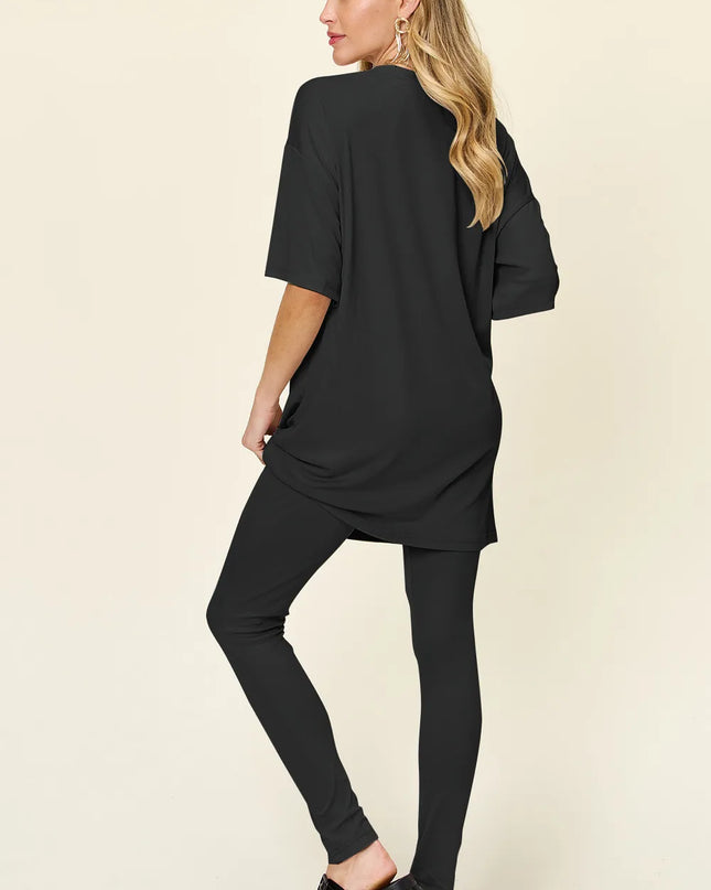 Double Take Full Size Round Neck Dropped Shoulder T-Shirt and Leggings Set