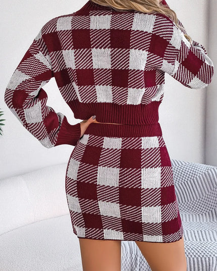 Plaid Round Neck Top and Skirt Sweater Set