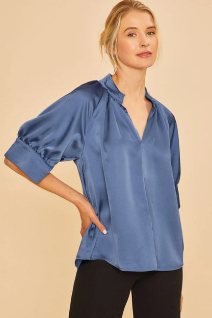 Annie Wear Satin V Neck Open Short Sleeve Woven Blouse Top DUSTY BLUE
