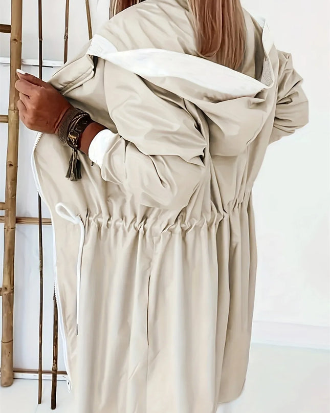 Drawstring Long Sleeve Hooded Trench Coat 