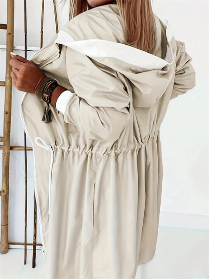 Drawstring Long Sleeve Hooded Trench Coat 