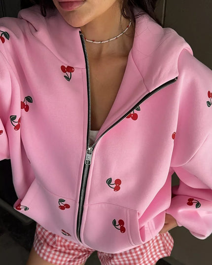 Cherry Print Oversized Zip-Up Hoodie