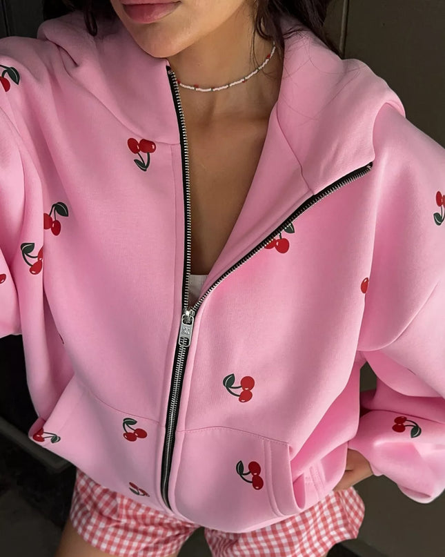Cherry Print Oversized Zip-Up Hoodie