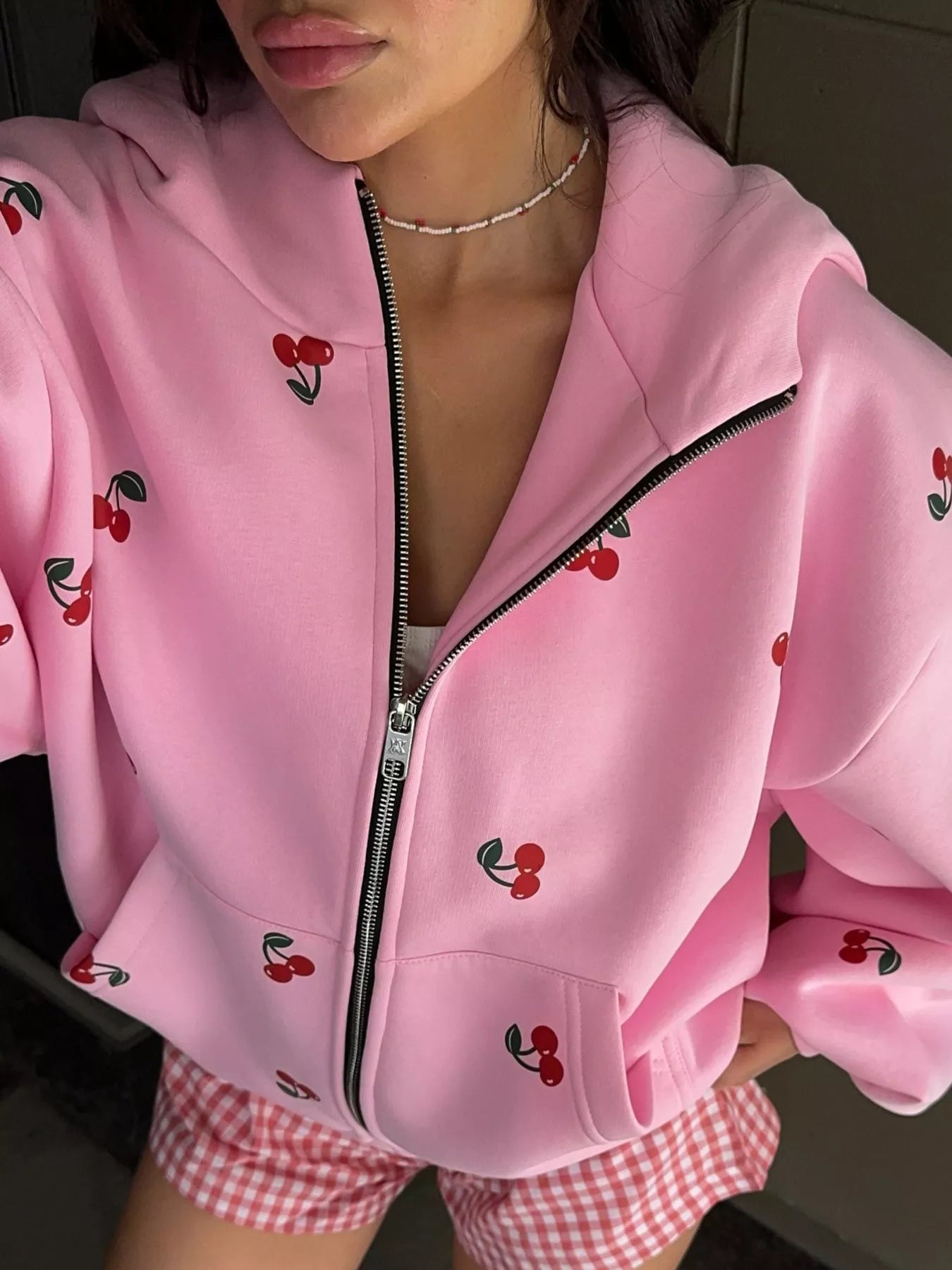 Cherry Print Oversized Zip-Up Hoodie