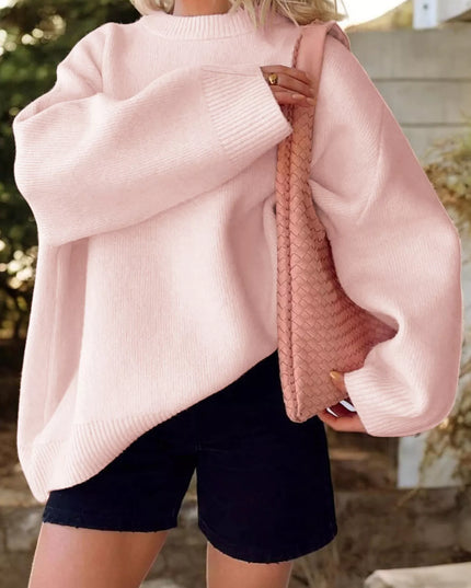 Ribbed Round Neck Dropped Shoulder Sweater