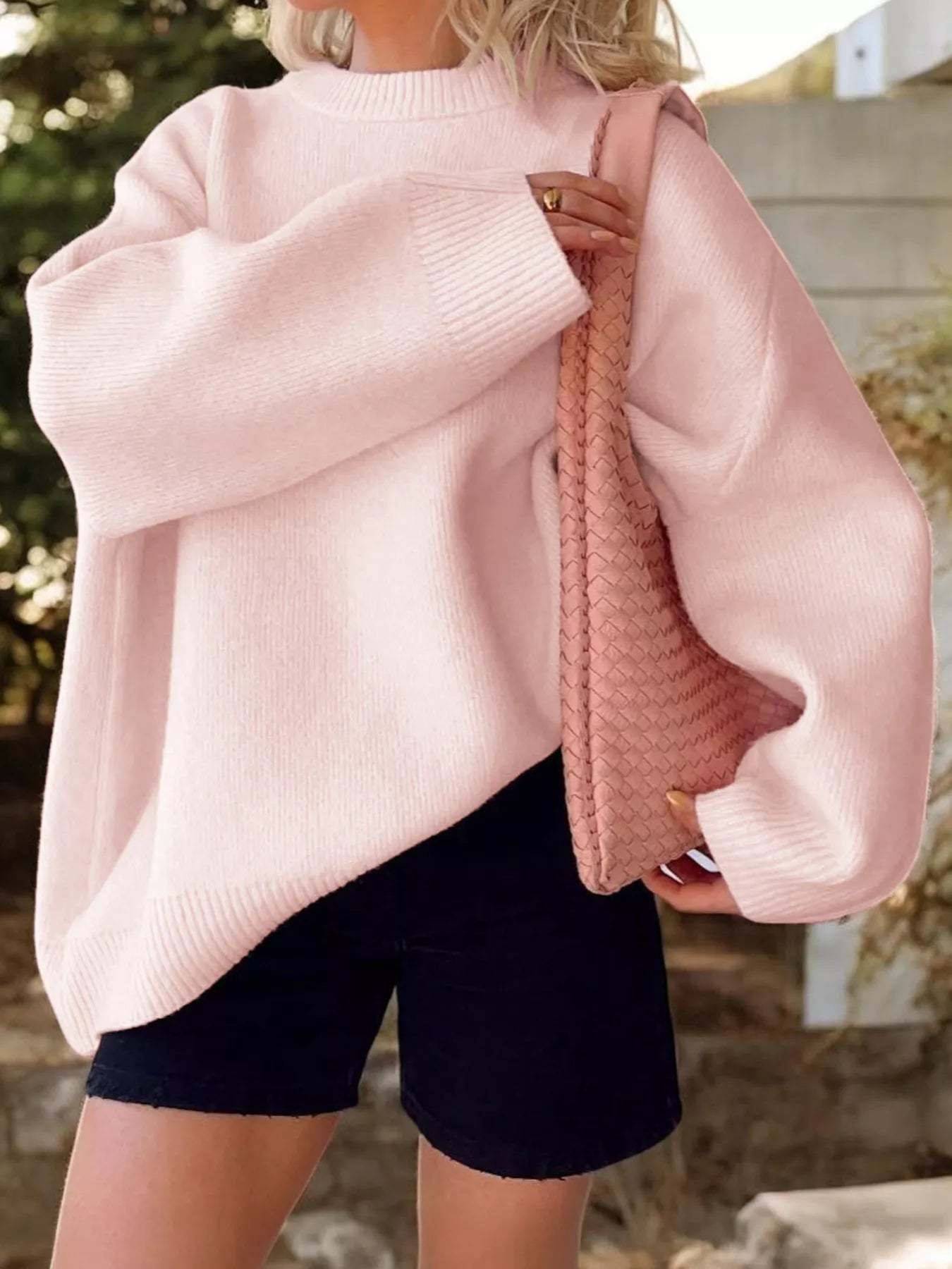 Ribbed Round Neck Dropped Shoulder Sweater