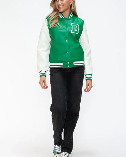 Love Me Now PU Leather Contrast Snap Down Bomber Jacket