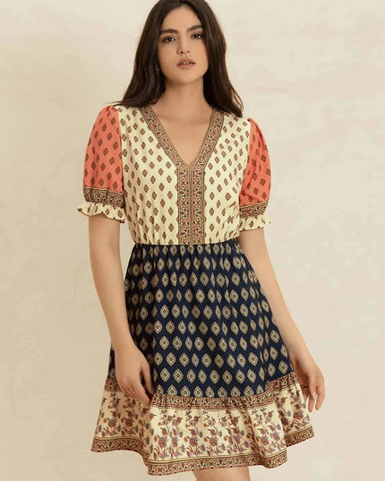 Printed V-Neck Short Sleeve Dress