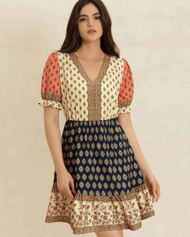 Printed V-Neck Short Sleeve Dress