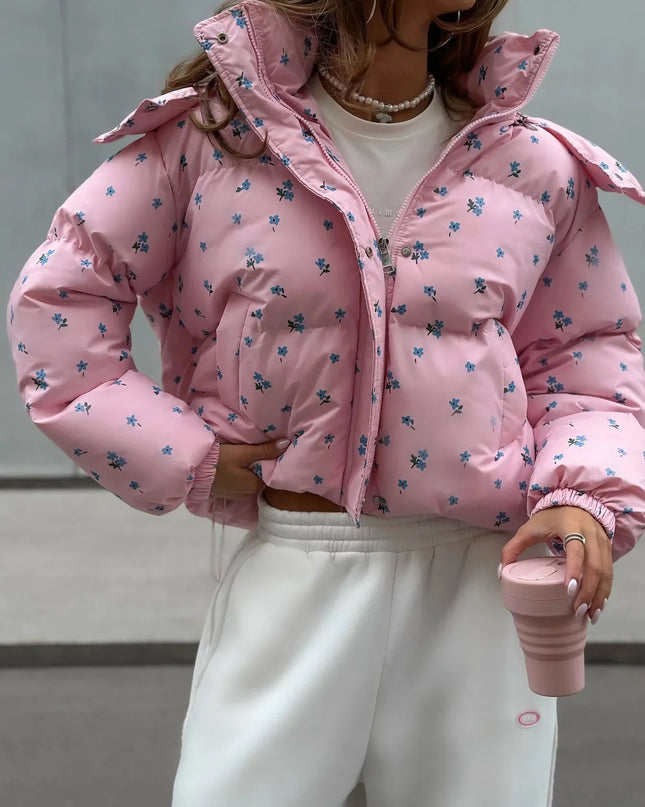 Floral Print Puffer Jacket with Hood