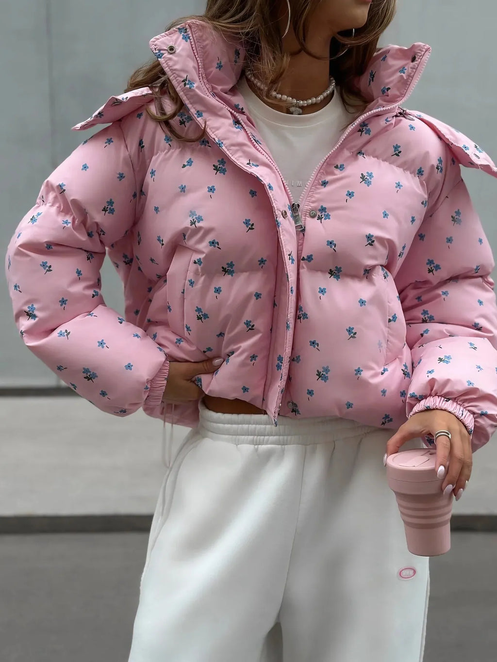 Floral Print Puffer Jacket with Hood