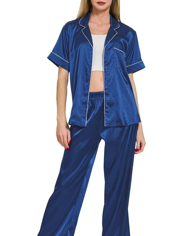 Zenana Satin Short Sleeve Top and Pants Pajama Set LT NAVY