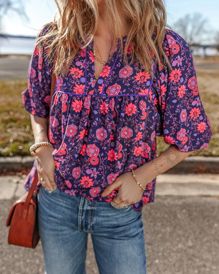 Floral Half Sleeve Split Neck Blouse Top Plum Purple