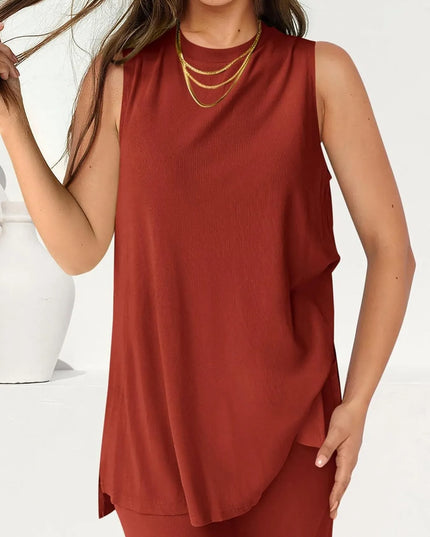 Round Neck Tank and Pants Set Brick Red